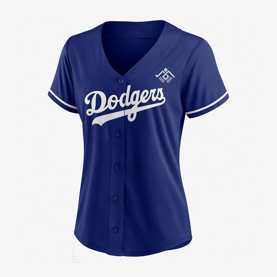 Blue baseball jersey with the word "Dodgers" written in white script across the front.