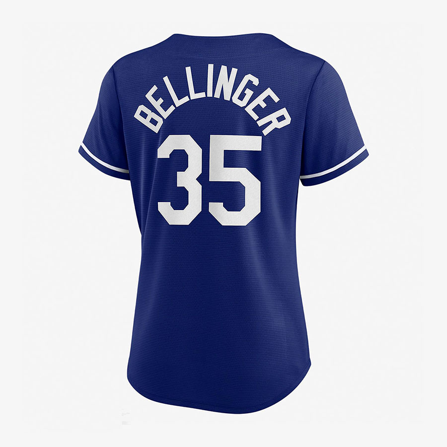 Blue baseball jersey with white lettering showing "Bellinger" and the number "35" on the back.